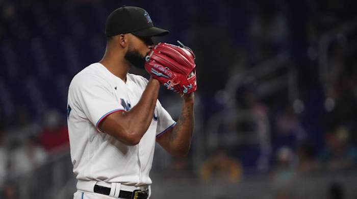 Aug 15, 2022; Miami, Florida, USA; Miami Marlins starting pitcher Sandy Alcantara (22) prepares to deliver a pitch in the seventh inning against the San Diego Padres at loanDepot park.